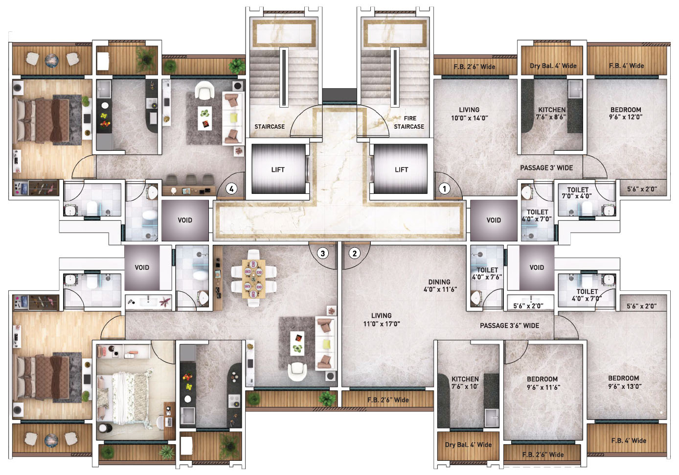 1 BHK apartment floor plan layout showing bedroom, living area, kitchen and bathroom